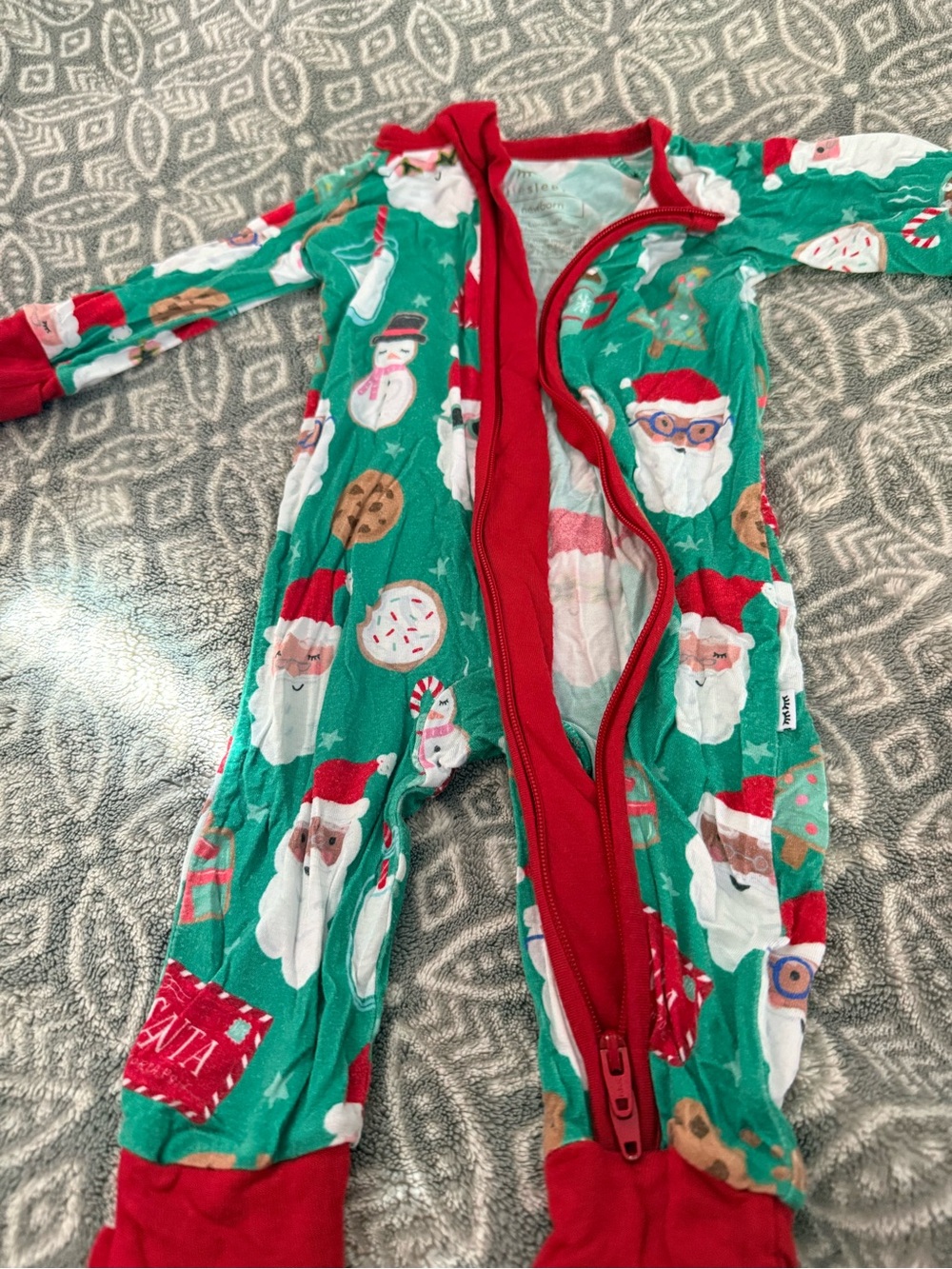 Little Sleepies Green & Red Santa Print One-Piece Footie